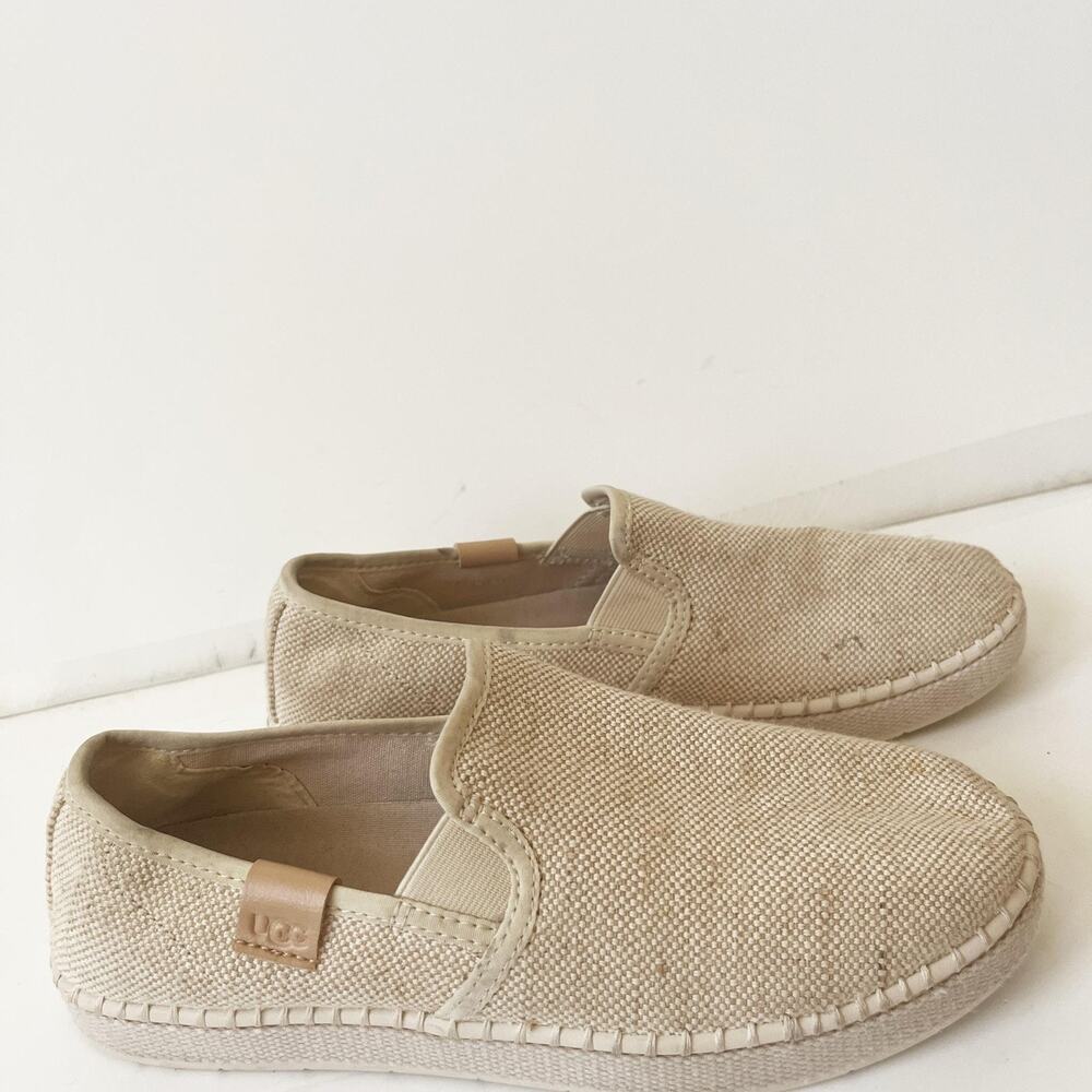 UGG Luciah Slip On Shoes Women 7.5 Beige Linen Woven Comfort Flats Casual Summer
